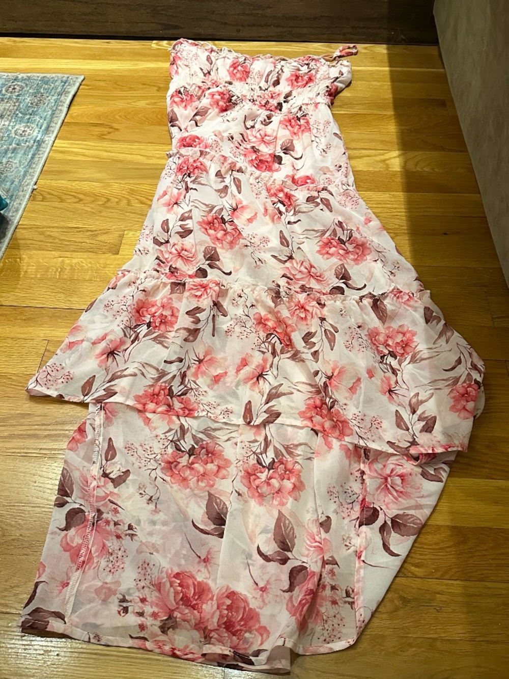 Blue Rain Pink Floral High-Low Tiered Dress